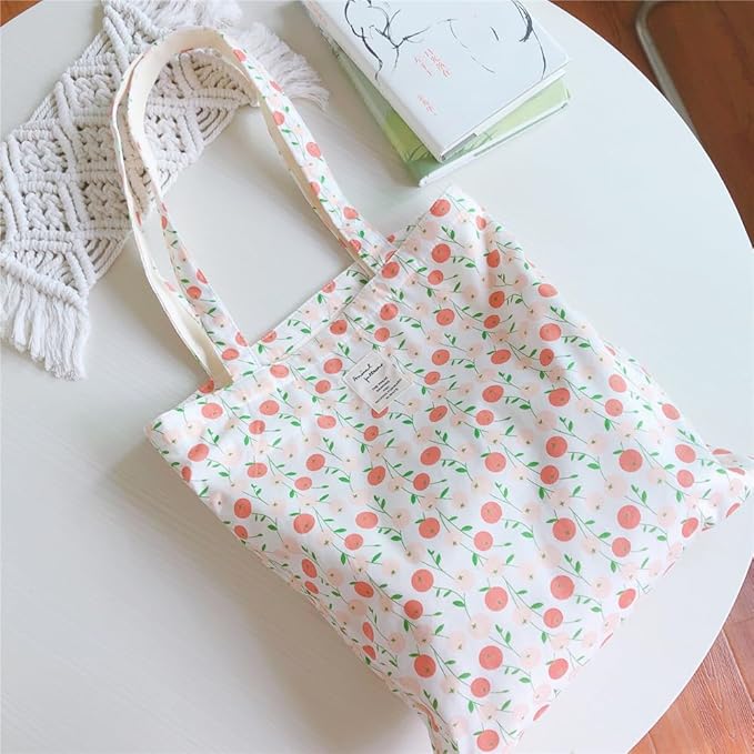 Cotton Canvas Tote Bag Reusable Soft Grocery Cloth Bag Floral Shoulder Bag for Beach Travel Shopping