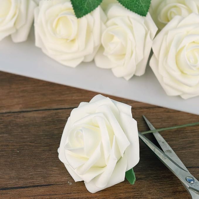 Mocoosy 50Pcs White Rose Artificial Flowers, Ivory Roses for Decorations, Real Touch Fake Rose with Stems Bulk DIY Wedding Bouquet Bridal Shower Centerpiece Faux Floral Arrangement Party Home Decor