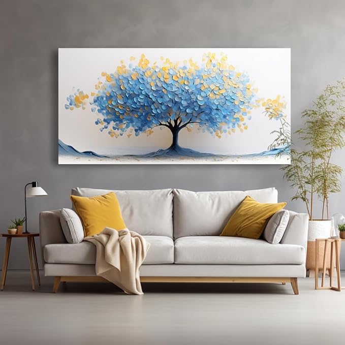 LAVIKARS Modern Tree of Life Wall Art for Living Room Office Navy Blue and Yellow Floral Abstract Landscape Canvas Painting Prints Large Nature Artwork Home Kitchen Bedroom Decor (16x30 Inches)