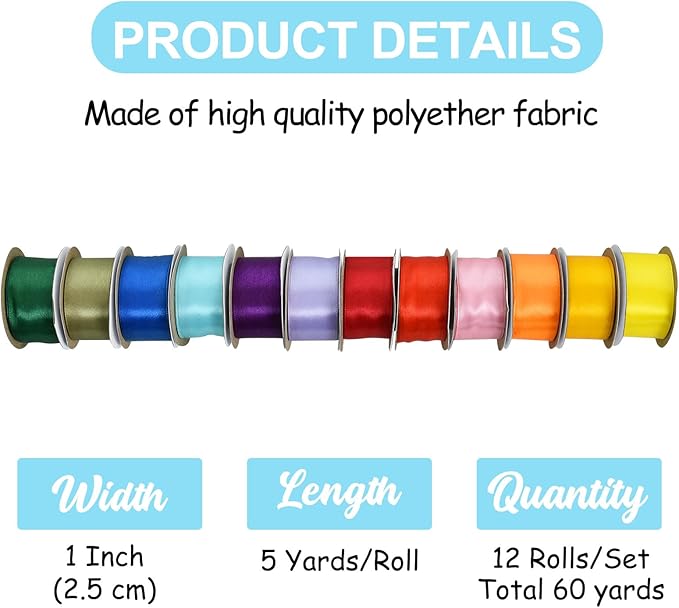 TONIFUL 1 Inch x 60yds Rainbow Satin Ribbon Rolls 12 Colors Solid Color Fabric Ribbons for Gift Wrapping Invitation Floral Hair Balloons Bows Craft Sewing Party Wedding Birthday Decoration (5yd/Roll)