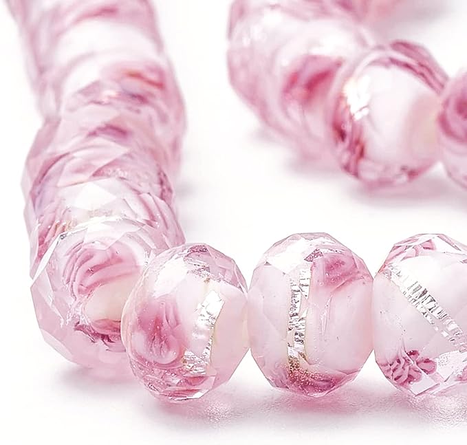 PH PandaHall 70pcs 6~8mm Rose Lampwork Beads Silver Foil Glass Beads Flower Glass Beads Floral Handmade Lampwork Beads Round Loose Beads for Rosary Making Jewelry Craft Making 2mm Hole - Sliver Pink
