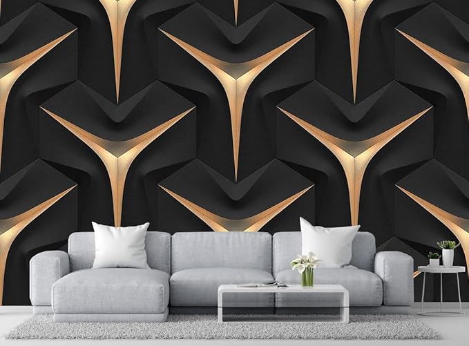 Golden Stripe 3D Geometric Black Background Wallpaper, Large Wall Background Mural, for Various Occasions Background Decoration(Non-self-Adhesive)