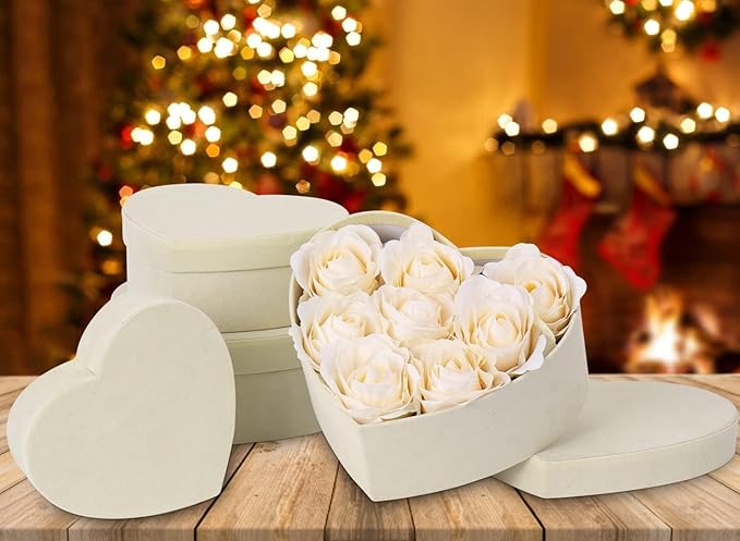 GnFlus White Heart Shape Gift Boxes with Lids for Presents 4 Pack Velvet Nesting Valentines Christmas Gifts Box for Arrangements Flowers Wedding Birthdays Thanksgiving Party