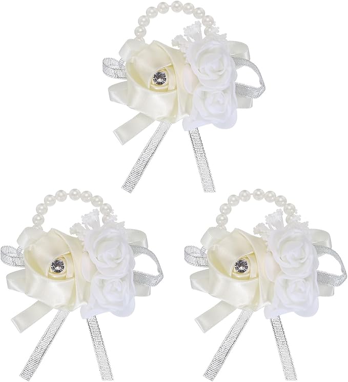 MECCANIXITY 3Pcs Wrist Corsage Artificial Flower Bracelets Rose Wrist Bride Groom Decorative for Wedding Ceremony Prom Party Anniversary Cream