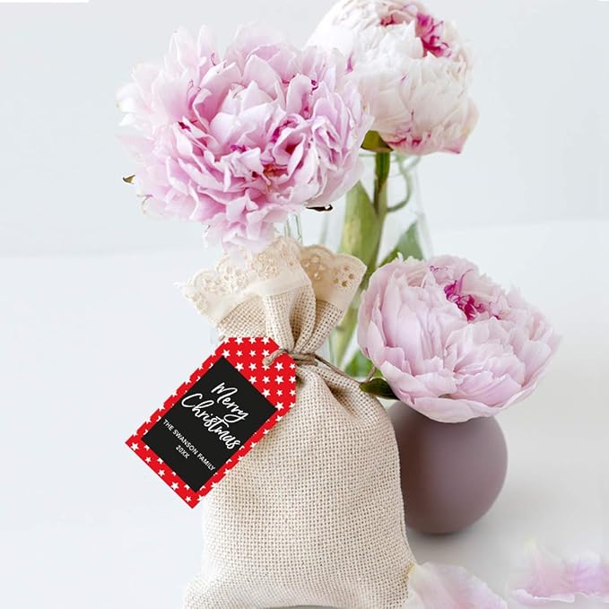 Andaz Press Personalized Christmas Holiday Season Classic Gift Tags, Merry Christmas Custom Family Name and Year, Red with White Stars Design, for Holiday Events, Parties, and Favors, 60-Pack