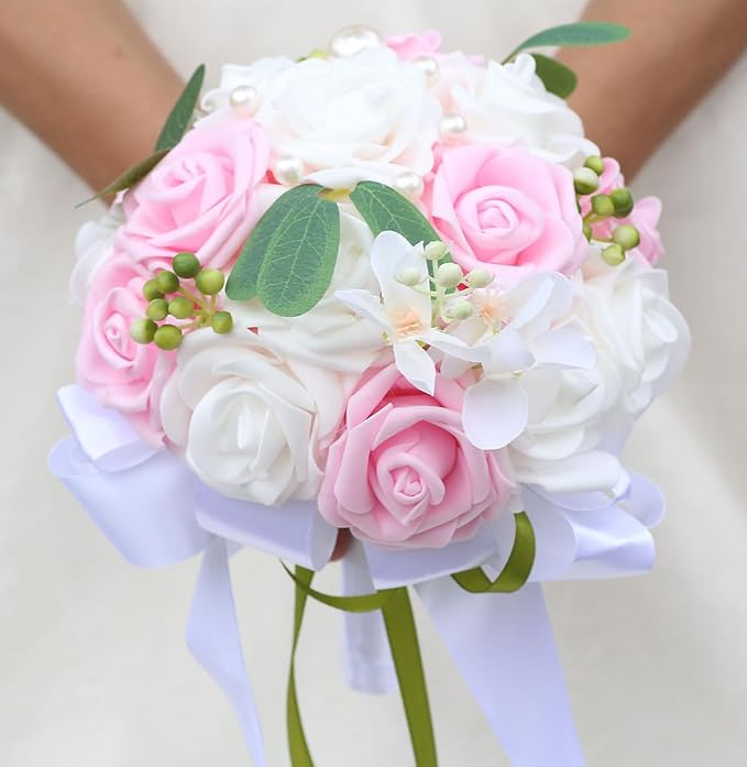 Lightweight Bridal Wedding Bouquet Round Holding Bouquet Throw Toss Artificial Rose Flower Bunch for Bride Bridesmaid Wedding Quinceanera (White & Pink, 6.7")