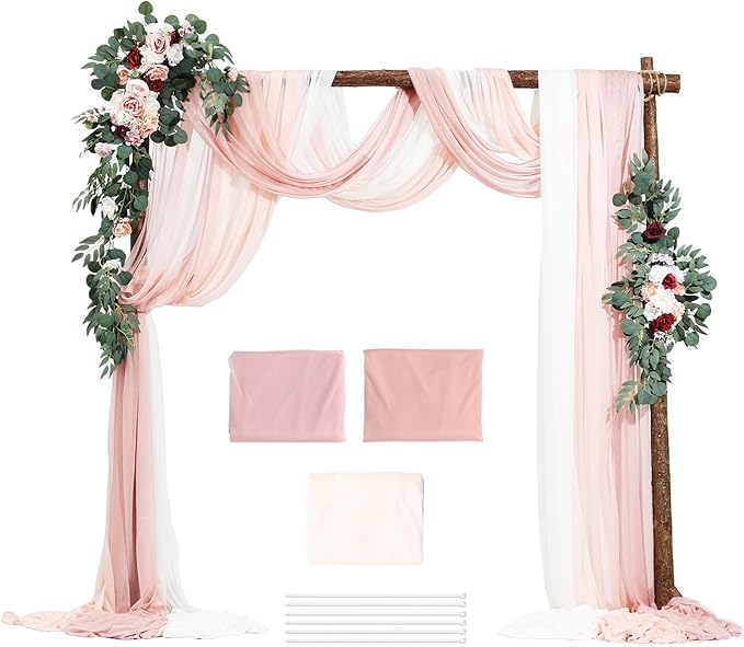 VEVOR Artificial Wedding Arch Flowers Kit, Pink Wedding Arch Flowers with Drapes Kit (Pack of 5) - 2 Pcs Floral Arrangement, 3 Pcs Sheer Drapes, for Ceremony Bouquets Reception Backdrop Decoration