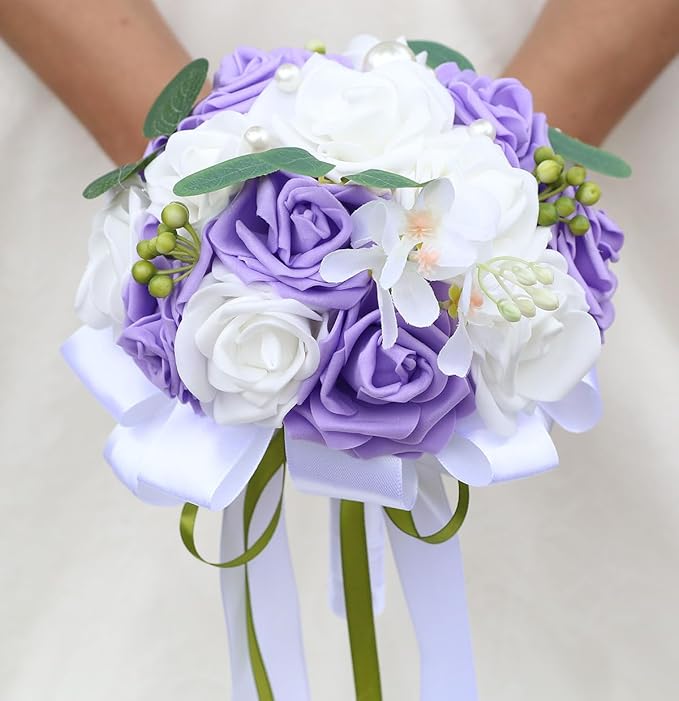 Lightweight Bridal Wedding Bouquet Round Holding Bouquet Throw Toss Artificial Rose Flower Bunch for Bride Bridesmaid Wedding Quinceanera (White & Mid Purple, 7.9")