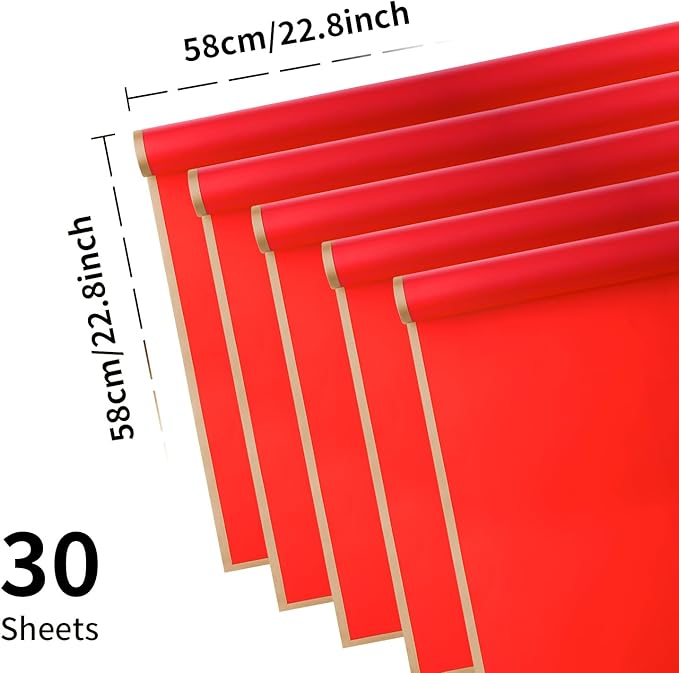 Bupduq 30 Sheets Red Gold Edge Flower Bouquet Wrapping Paper，Florist Supplies Waterproof Floral Bouquet Wrapping Paper Bouquet Accessorie，Flower Shop Packaging Pape for DIY Gift Wedding Birthday