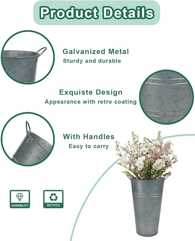 12 Inch Galvanized Metal Vases for Flowers - 2 Pcs Farmhouse Decorative Tall Flower Bucket with Handles, Rustic French Tin Planter Buckets for Wedding Decor (Galvanized Black)