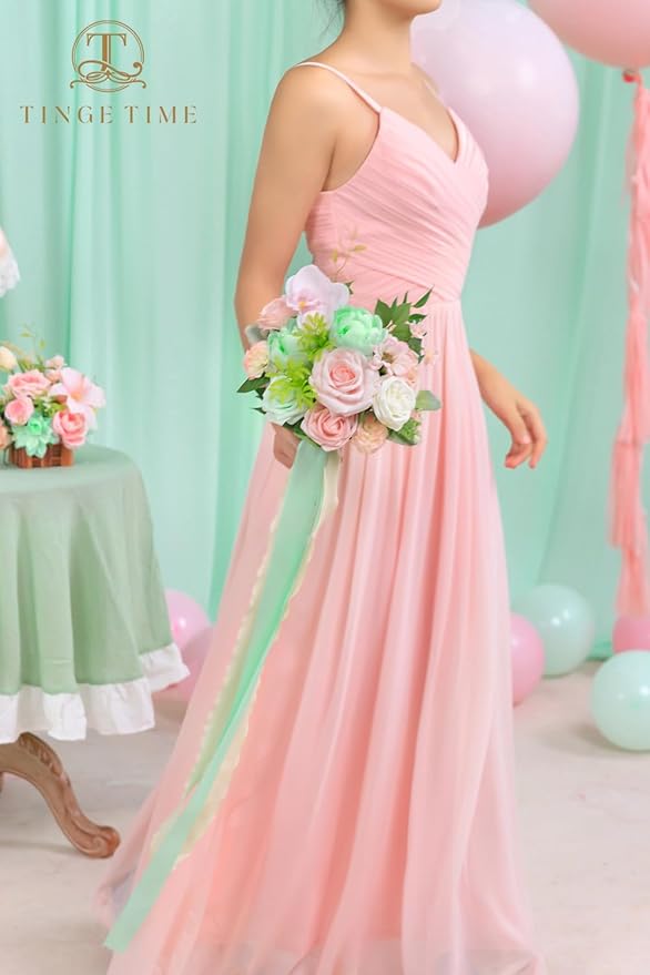 TINGE TIME 7 Inch Artificial Flowers Wedding Bouquets for Bridesmaid, Set of 4, Mint Green & Pink Bride Tossing Bouquet for Rustic Wedding Ceremony Bridal Shower Rehearsal Dinner Vintage Party