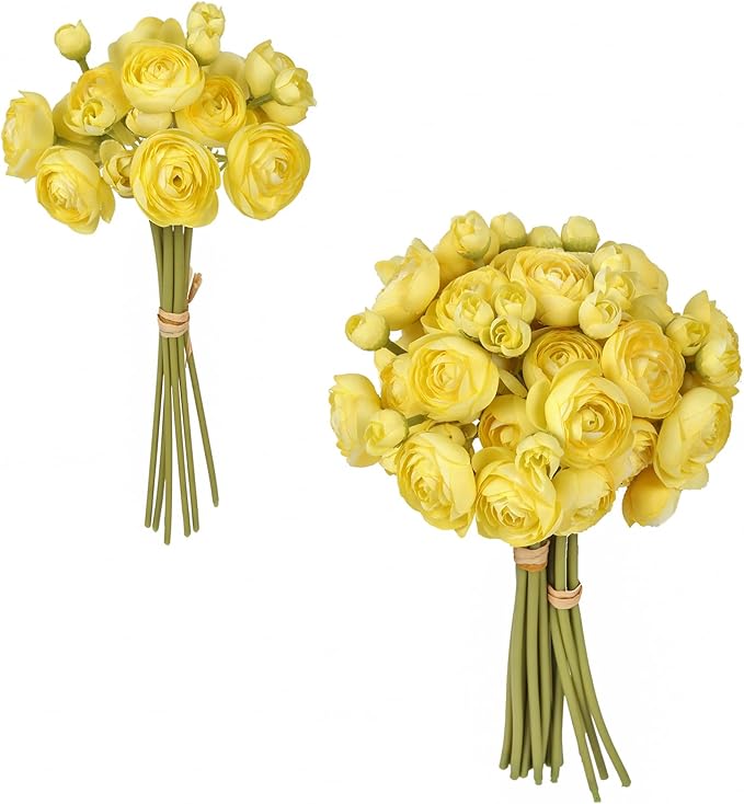IPOPU Artificial Ranunculus 2 Bouquets Small Yellow Artificial Flowers 12PCS Faux Ranunculus Flowers for Vase Filler Bouquet Wedding Decor Bridal Shower Floral Filler Flowers Centerpieces (Yellow)