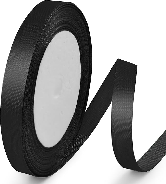 25 Yards 3/8 inch Satin Ribbon, Solid Color Fabric Ribbon Perfect for Gift Wrapping, Wedding, Handmade Bows, Floral Bouquets and Party Decoration(Black)