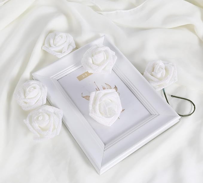 White Flowers Glitter Rose 30 PCS Artificial Flowers Glitter Flowers Foam Roses with Stem Fake Flowers for DIY Wedding Bridal Bouquet Party Centerpieces Decor(White)
