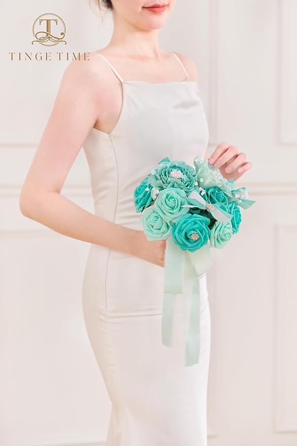 TINGE TIME Bridesmaid Bouquets for Wedding Set of 6 Teal Blue 7 Inch Wedding Bouquets Artificial Silk Flowers Bridal Bouquets for Bridesmaids, Wedding Decor, Anniversary