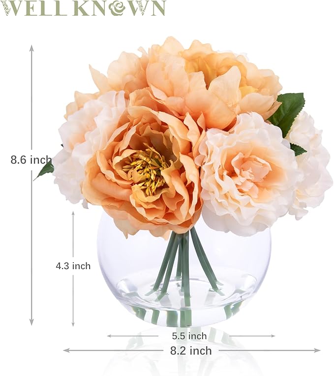 Artificial Flowers in Vase, Silk Peonies Flower Bouquet for Vase with Faux Water, Fake Flower Arrangement for Winter Wedding Party Dinning Coffee Table Centerpieces & Mom's Gift (Apricot & Nude)