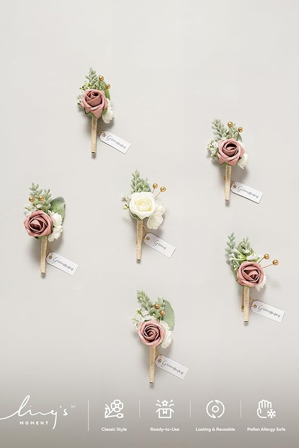 Ling's moment Wedding Artificial Flowers Package, Bridal Bouquet, Bridesmaid Bouquets, Boutonniere for Men, Rose Petals.Dusty Rose Cream