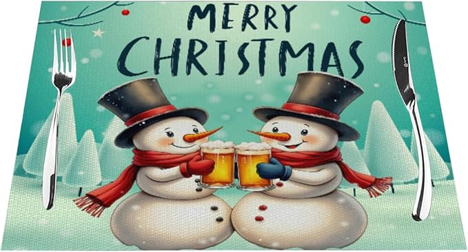 PVC Placemats Set of 1 Wipeable Table Mats Washable Heat Resistant Non Slip Vinyl Dining Table Mat for Kitchen Indoor Outdoor Patio Farmhouse Place Mats Christmas Snowman Beer Decorative