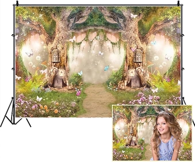 Leowefowa 10x6.5ft Enchanted Forest Birthday Backdrop Fairy Tale Forest Enchanted Garden Photography Background for Kids Birthday Baby Shower Party Photoshoot Newborn Children Cake Smash Studio Props