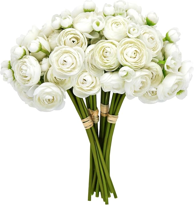 24 Pcs Ranunculus Artificial Flowers 10.5", Mini Faux Silk Ranunculus with Stem, Fake Flowers for Home Decor Indoor Wedding Bouquets Centerpieces (White)