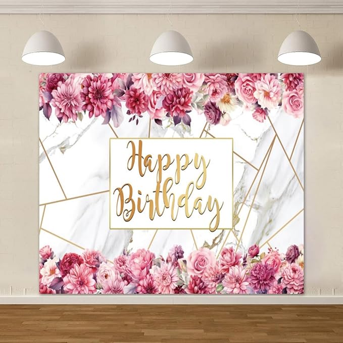 10x8ft Pink Floral Birthday Backdrop Girl Birthday Party Photography Background Watercolor Flower Marble Princess Women Bday Decorations Banner Cake Smash Photo Studio Props