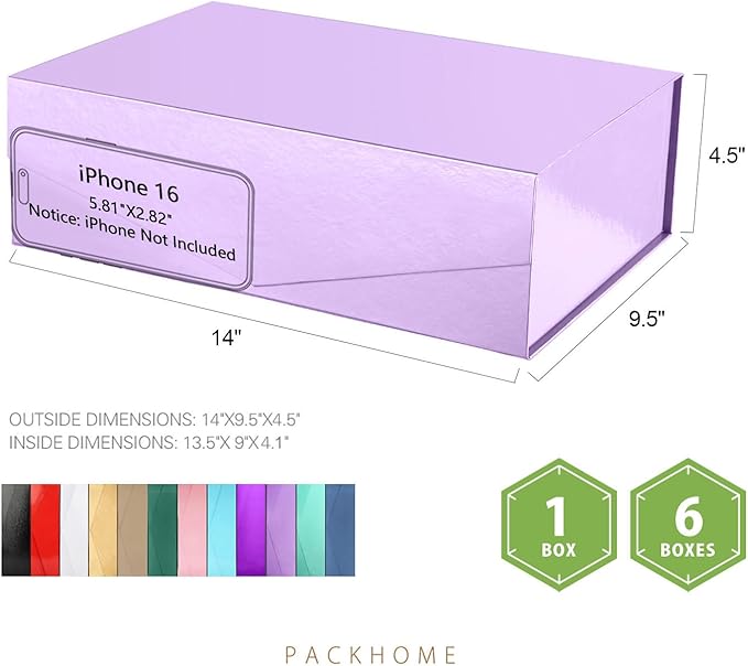 PACKHOME Large Gift Box with Lid 13.5x9x4.1 Inches, Sturdy Collapsible Gift Box with Magnetic Closure (Glossy Light Purple)
