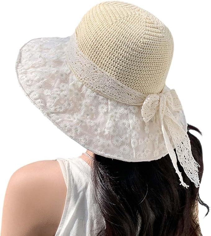 Women's Sun Shade Hat UPF 50+ - Foldable Straw Beach Cap with Lace Bow, Breathable Summer Travel Hat for Women