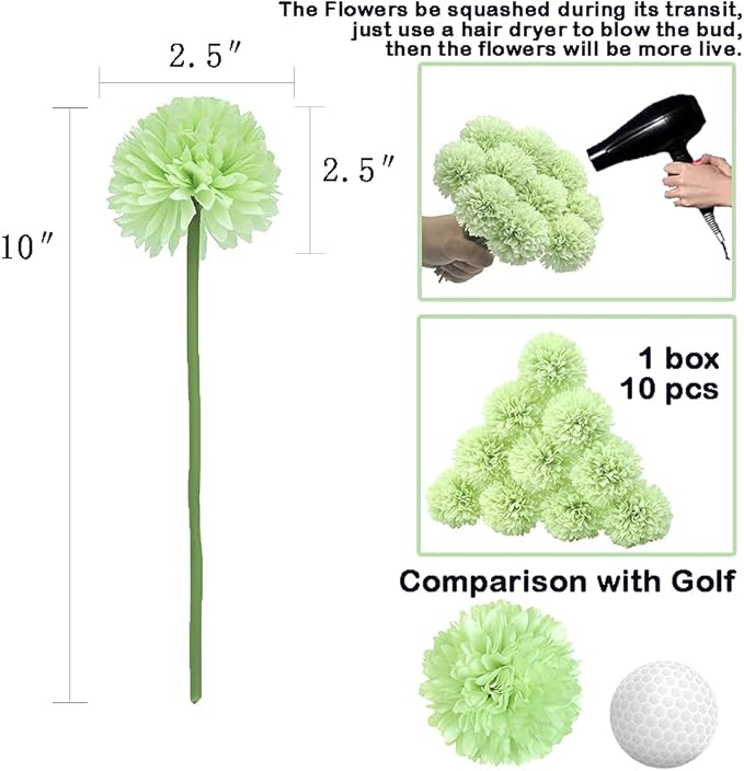 10Pcs Artificial Fake Flower Plants Silk Chrysanthemum Ball Hydrangea Arrangements Wedding Bouquets Decor Home Kitchen Garden Party Table Floral Centerpieces DIY (Mint Green)