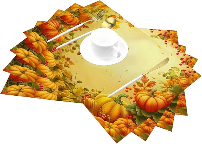 PVC Placemats Set of 4 Wipeable Table Mats Washable Heat Resistant Non Slip Vinyl Dining Table Mat for Kitchen Indoor Outdoor Patio Farmhouse Place Mats Thanksgiving Pumpkin Leaf Decorative