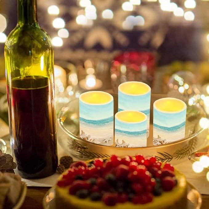 Flickering Flameless LED Pillar Candles with 18-Key Remote Battery Operated Color Changing Tea Lights Fake Candles, Set of 4, Beach Starfish Blue