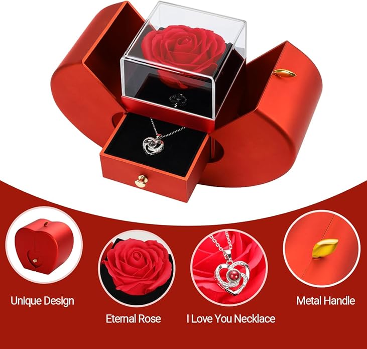 Emibele Preserved Rose Gifts for Women, Eternal Flower Rose Box with Heart Necklace, Romantic I Love You Gifts for Her Women Wife Mom Grandma on Valentines Mothers Day Birthday Anniversary