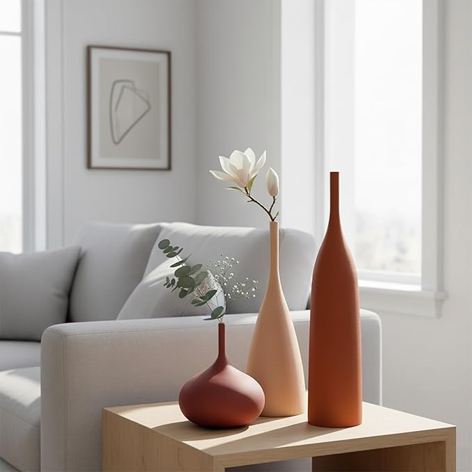 Ceramic Vases Set of 3, Modern Boho Vases for Centerpiece Decor, Matte Minimalist Decorative Vases for Home Decor, Living Room, Bookshelf, and Entryway Table Decor (Multicolor-1)