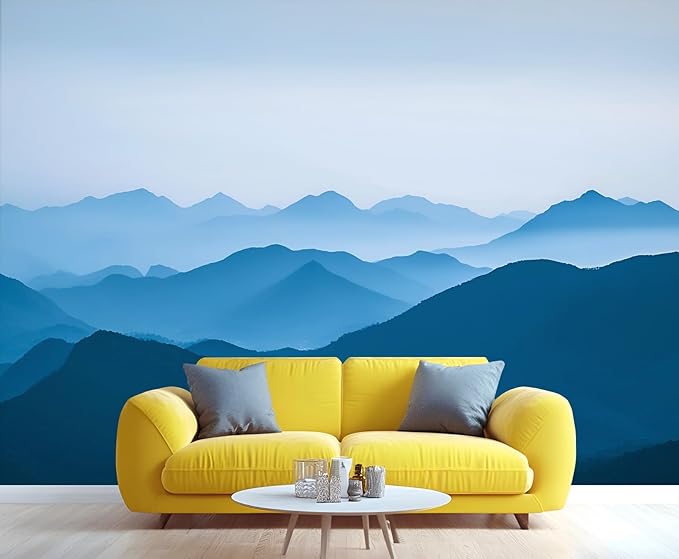 Minimalist Blues Mountain Wall Mural, Misty Layered Hills 3D Wall Murals, Serene Misty Mountains Wallpaper Mural, for Living Room Bedroom Large Wallpaper Indoor Decor 177.16" W x120 H
