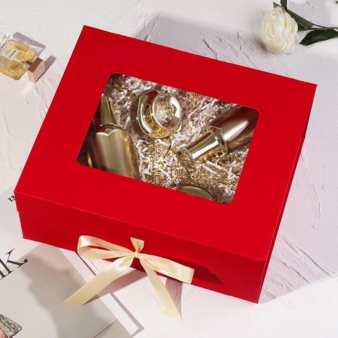 Red Gift Box for Presents with Ribbon 13.2x11x5.3 Inches Clear Gift Box with Window Magnetic Closure Gift Boxes with Lids