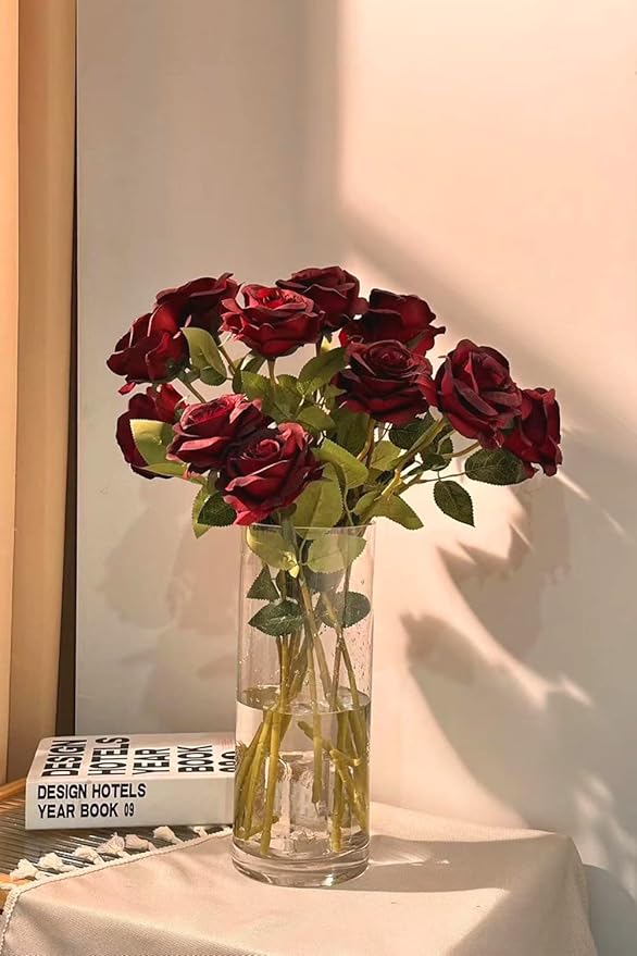 12 PCS Artificial Flowers Roses Silk Flowers Fake Long Stem Artificial Roses for Home Wedding Bathroom Kitchen Decorations (Wine Red)