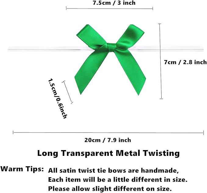 50 Pack Green Pretied Bows, 3" Satin Ribbon Twist Tie Bows for Treat Bags, Pre Tied Ribbon Bows Twist Tie for Crafts, Twist Bows Tied Bows with Wire for Gift Bags, Popcorn Bags, Candy Bags