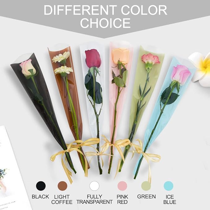 BEISHIDA 100 PCS Single Rose Sleeve Bouquet Bags Plastic Single Flower Wrapping Rose Packaging For Mother's Day Graduation Wedding Birthday Valentine's Day Party (Transparent)