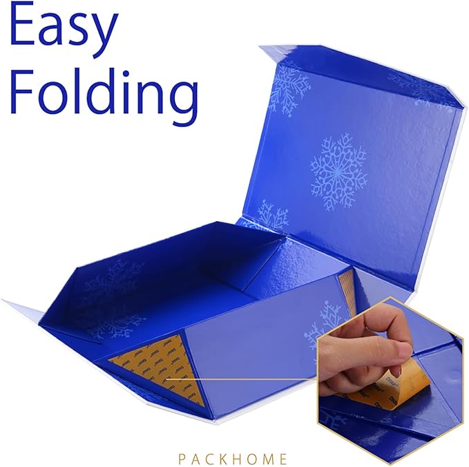 PACKHOME Large Christmas Gift Box 13.5x9x4.1 Inches, Sturdy Collapsible Gift Box with Magnetic Closure Lid (Blue Snowflake Pattern)