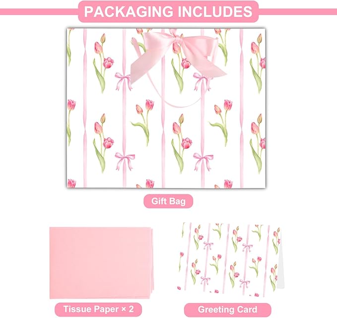 ASYEH NR 13" Large Size Pink Floral Gift Bag Tulip and Bows Pattern Gift Bag with Greeting Card Tissue Paper for Girls Women Birthday Baby Shower Wedding Mother's Day Valentine's Day Supplies