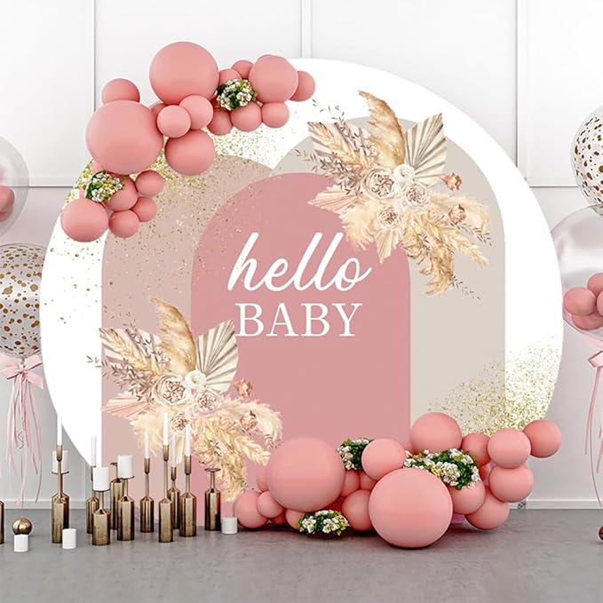 AOFOTO 7.5x7.5ft Boho Baby Shower Round Backdrop Cover Bohemian Chic Pink Arch Cover with Flowers Hello Baby Theme Photography Background Newborn Birthday Party Decorations Banner Photo Booth Props