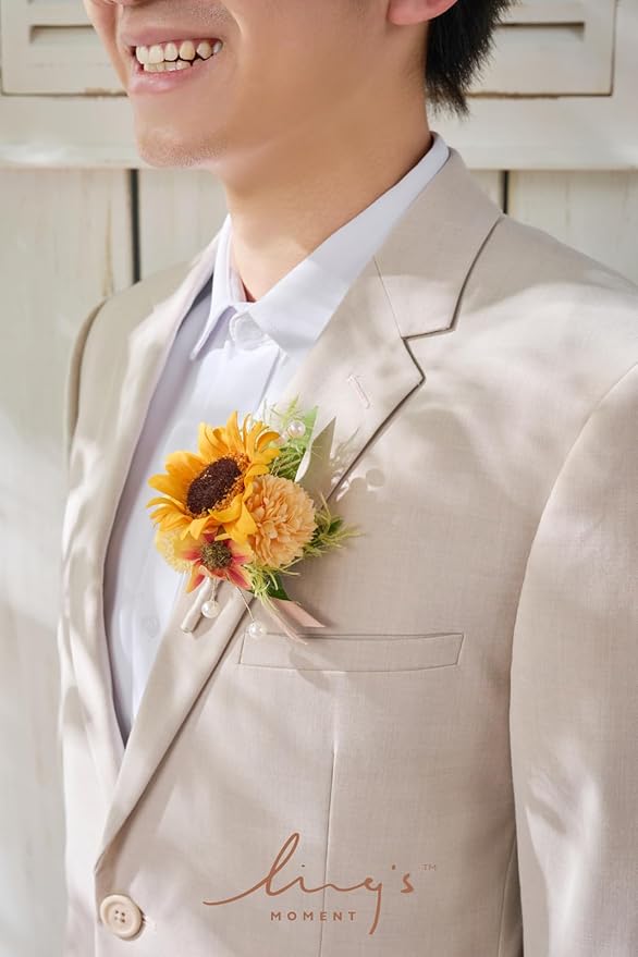 Ling's moment Boutonniere for Men, 6pcs Groom Groomsmen Boutonniere, Artificial Flowers for Wedding Decor/Prom/Homecoming, etc.Sunflower Yellow