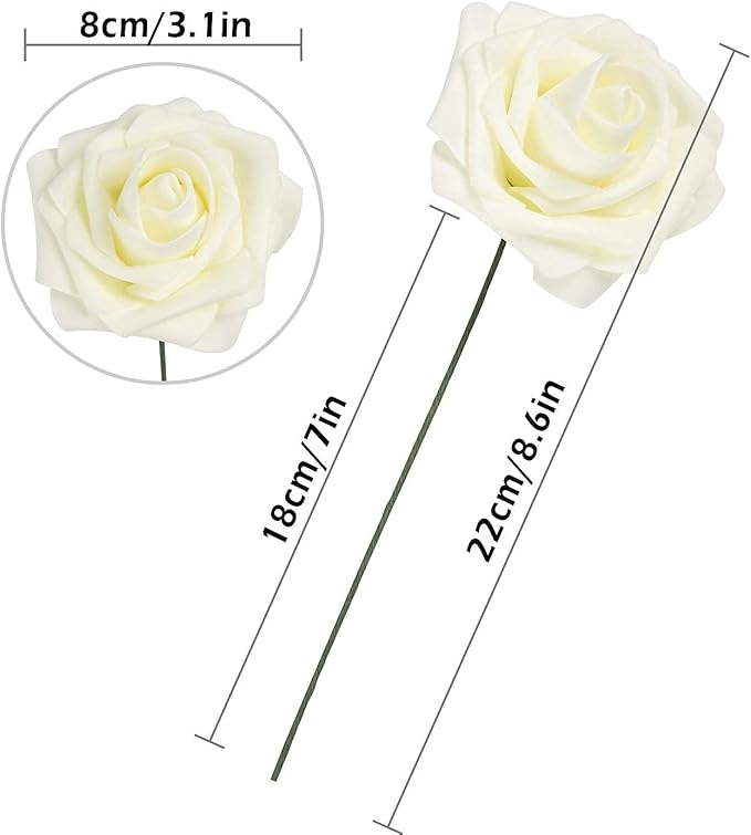 25pcs Artificial Flower Foam Rose Real Touch Roses Flower Heads with Stem for DIY Wedding Bouquets Centerpieces Arrangements Party Baby Shower Home Decor (Ivory)