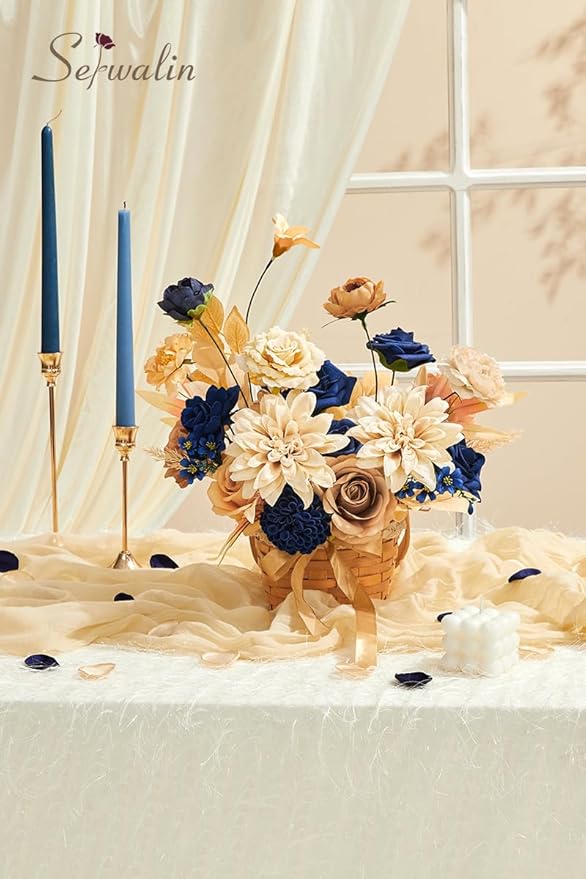 Serwalin Artificial Khaki Brown & Blue Flowers, Silk Fake Flowers for DIY Wedding Bouquets Cake Flower,Table Centerpieces Baby Shower Birthday Party Home Decorations