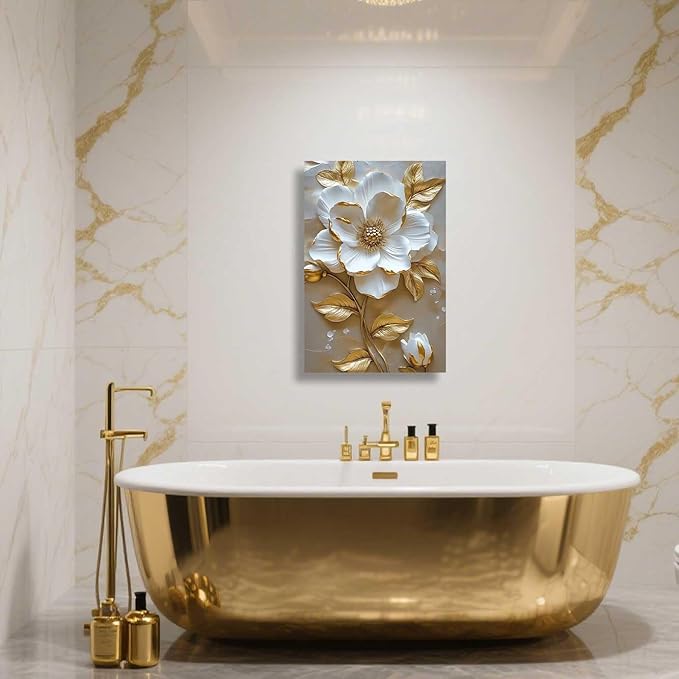 ZSHARTSWD Abstract White & Gold Floral Canvas Wall Art Elegant Flowers Pictures Prints White Flower Golden Leaves Painting Living Room Bathroom Decor Framed (Beige, 20L x 16W)