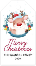 Andaz Press Personalized Christmas Holiday Season Classic Gift Tags, Merry Christmas Happy Reindeer with Santa Hat Design, Custom Family Name and Year, For Holiday Events, Parties, and Favors, 60-Pack