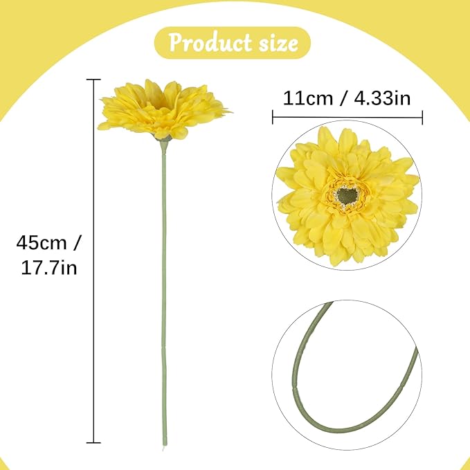 Yellow Gerbera Daisy Fake Flower Artificial Flowers Silk Flowers 10PCS Fake Daisies 17.7in Faux Daisies Flowers for Wedding Bridal Bouquet Party Home Kitchen Decor(Yellow)