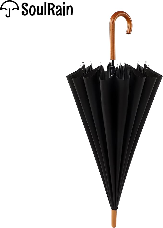 SoulRain 16 Ribs 48" Stick Umbrella Auto Open Solid Color Fashionable and Simple，Arc Classic Wood Handle，Windproof Unbreakable Stick Rain Umbrella