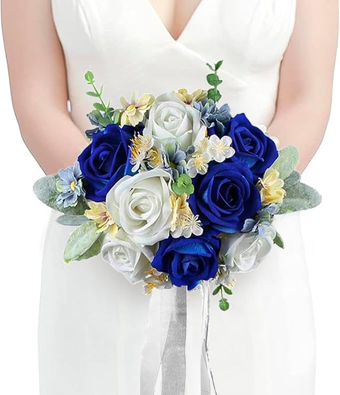 Rinlong 7“ Blue Wedding Bouquet for Bride Bridesmaid Artificial Toss Bouquet Royal Navy Blue Silk Bridal Bouquet Wedding Prom Bouquets