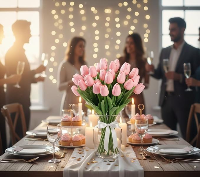 Pink Faux Tulips (20 Pcs) - Premium PU Artificial Flowers for Christmas & Thanksgiving Table Setting, Winter DIY Home Decor - 13.5" Real Touch