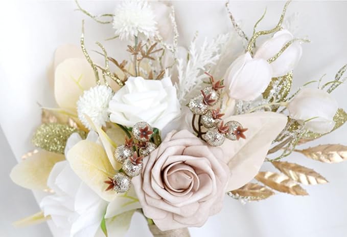 S_SSOY Wedding Bouquet Bride,Bride Bridal Bouquet Bridesmaid Artificial Flowers for Ceremony Anniversary Party Bridal Shower Decoration Wedding Bouquets (Beige)